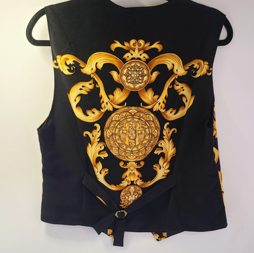 River thai yellow and black baroque print 100% silk vest size small S unisex - Picture 3 of 10